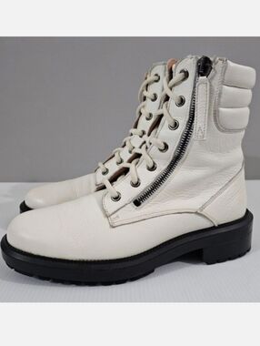 Aquatalia Laila Combat Boot Women 6 Ivory Leather Water Resistant Ankle Lug Sole